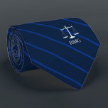 Dark Navy Striped Custom Initials Lawyer ネクタイ<br><div class="desc">Elegant navy stripes judicial scales of justice custom initials tie.</div>