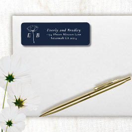 Dark Navy White Monogram Floral Accent Address ラベル