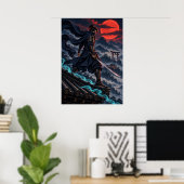 Dark Ninja Red Moon Japanese Fantasy Art Poster ポスター (ホームオフィス)