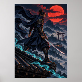 Dark Ninja Red Moon Japanese Fantasy Art Poster ポスター