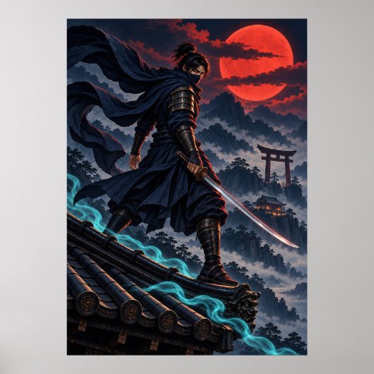 Dark Ninja Red Moon Japanese Fantasy Art Poster ポスター (正面)