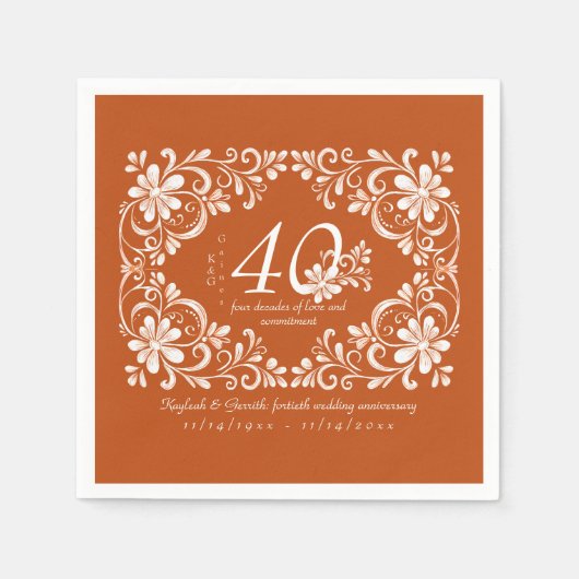 Dark Orange Shabby Chic 40 Anniversary Napkin スタンダードカクテルナプキン (正面)