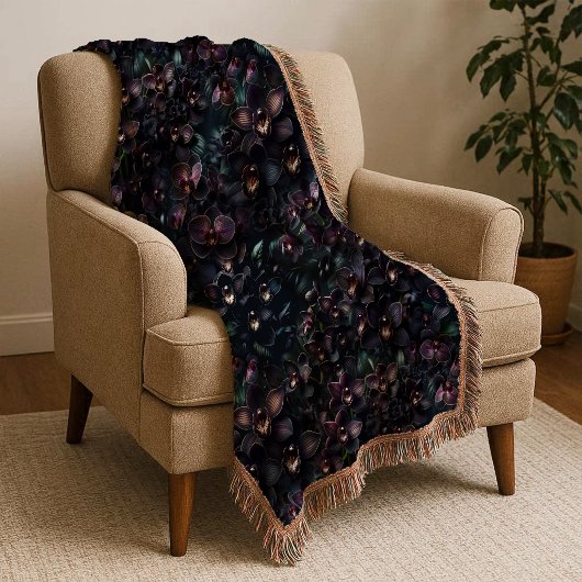 Dark Orchid Maximalist Gothic Floral Throw Blanket スローブランケット