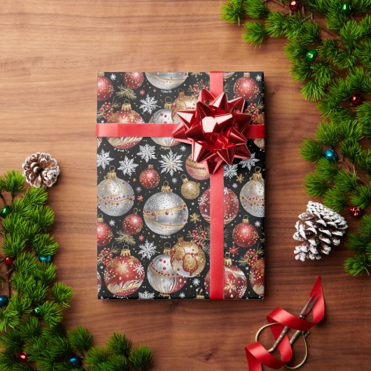 Dark Ornament Wrapping Paper with Silver, Gold Red ラッピングペーパー (クリスマスギフト)