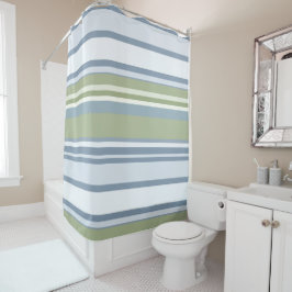 Dark Pastel Blue and Spring Rain Stripes シャワーカーテン