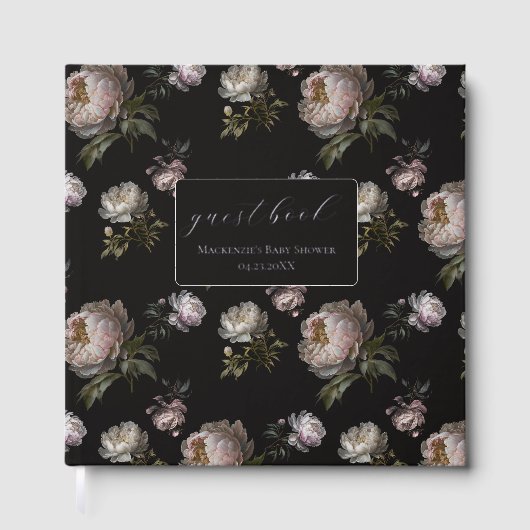 Dark Peony Flowers Foil Baby Shower Guestbook ゲストブック (正面)