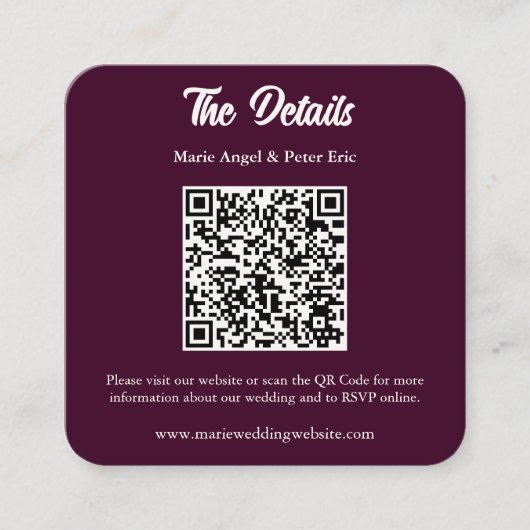 Dark Plum Monogram QR Code Wedding Details スクエア名刺 (正面)