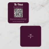 Dark Plum Monogram QR Code Wedding Details スクエア名刺 (正面/裏面)