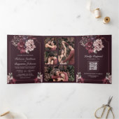 Dark Plum Moody Floral Frame QR Code Wedding 三つ折り招待状 (内部)