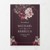 Dark Plum Moody Floral Frame QR Code Wedding 三つ折り招待状 (カバー)