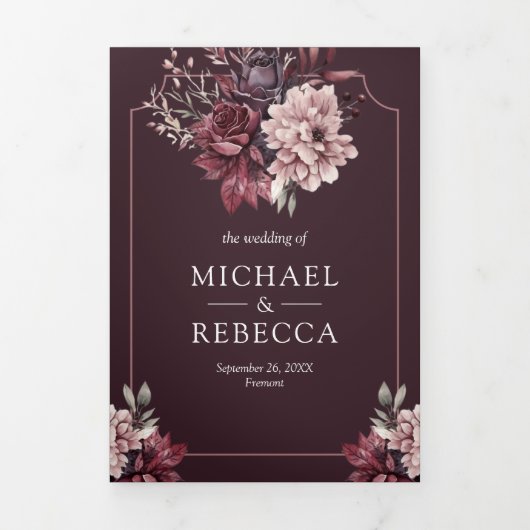 Dark Plum Moody Floral Frame QR Code Wedding 三つ折り招待状 (カバー)