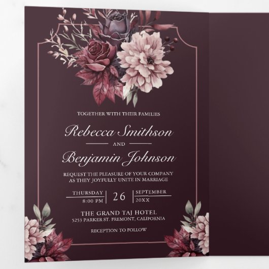 Dark Plum Moody Floral Frame QR Code Wedding 三つ折り招待状 (内部最初)