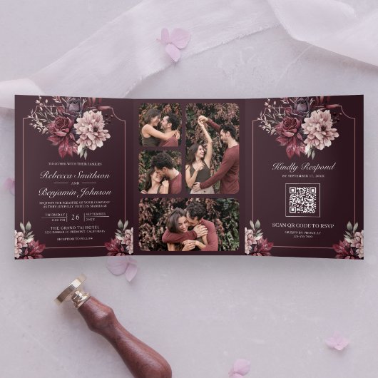 Dark Plum Moody Floral Frame QR Code Wedding 三つ折り招待状