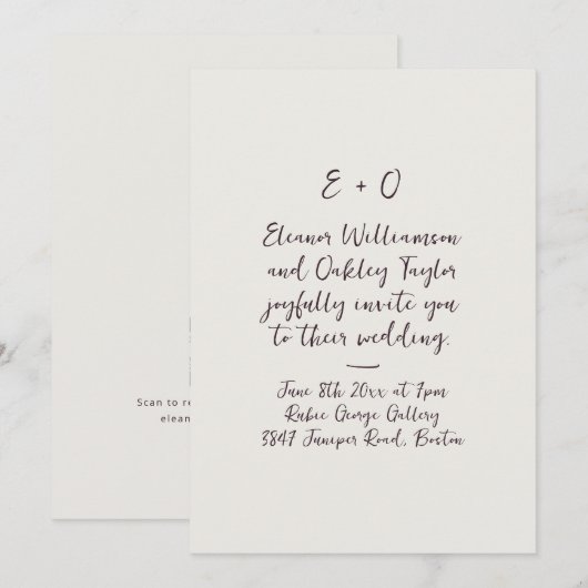 Dark Plum Noir Script Monogram Romantic Wedding 招待状 (正面/裏面)