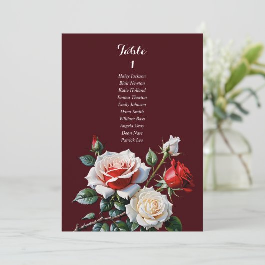 Dark Pretty pink white red rose seating chart card 招待状 (スタンド正面)