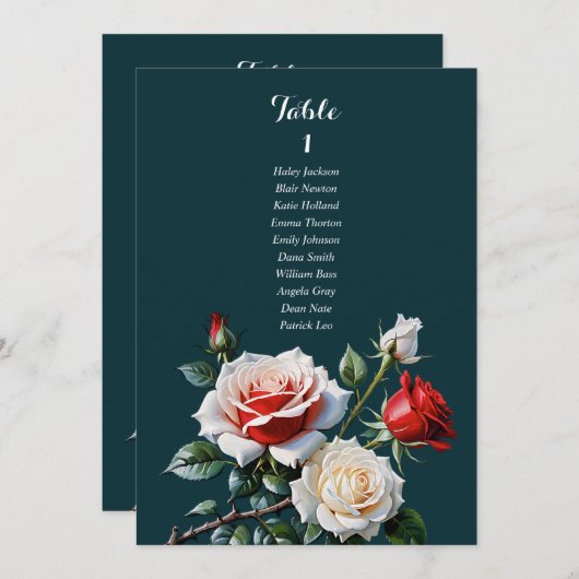 Dark Pretty pink white red rose seating chart card 招待状 (正面/裏面)