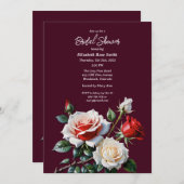 Dark Pretty pink white red roses bridal shower 招待状 (正面/裏面)
