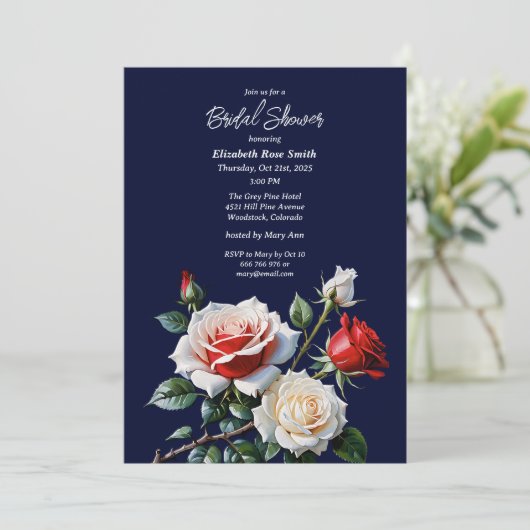 Dark Pretty pink white red roses bridal shower 招待状 (スタンド正面)