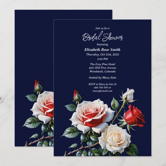 Dark Pretty pink white red roses bridal shower 招待状 (正面/裏面)