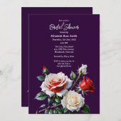 Dark Pretty pink white red roses bridal shower 招待状 (正面/裏面)