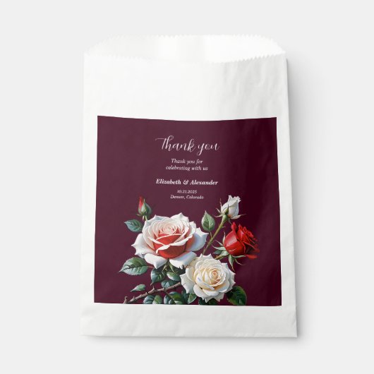 Dark Pretty pink white red roses floral wedding フェイバーバッグ (正面)