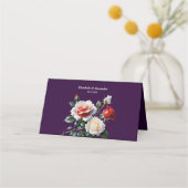 Dark Pretty pink white red roses floral wedding  プレイスカード (裏面)