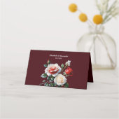 Dark Pretty pink white red roses floral wedding  プレイスカード (裏面)