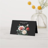 Dark Pretty pink white red roses floral wedding プレイスカード (裏面)