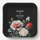 Dark Pretty pink white red roses floral wedding ペーパープレート (正面)
