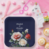 Dark Pretty pink white red roses floral wedding ペーパープレート (パーティー)