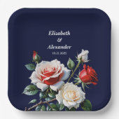 Dark Pretty pink white red roses floral wedding ペーパープレート (正面)