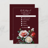 Dark Pretty pink white red roses floral wedding  出欠カード (正面/裏面)