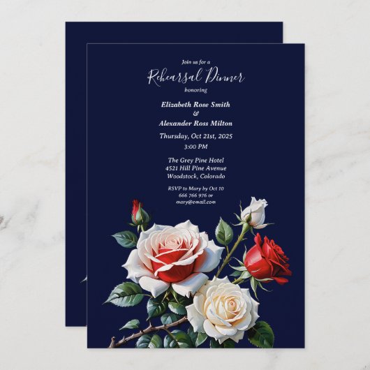 Dark Pretty pink white red roses Rehearsal dinner 招待状 (正面/裏面)