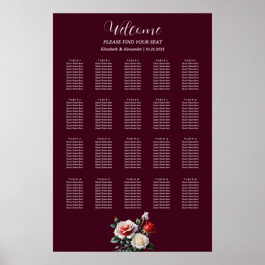 Dark Pretty pink white red roses seating chart ポスター (正面)
