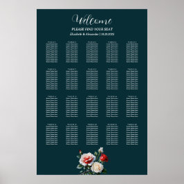 Dark Pretty pink white red roses seating chart ポスター