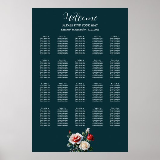 Dark Pretty pink white red roses seating chart ポスター (正面)