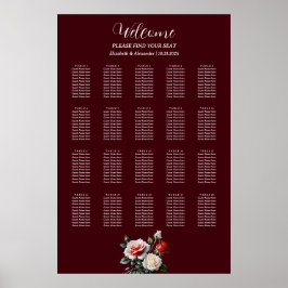 Dark Pretty pink white red roses seating chart ポスター