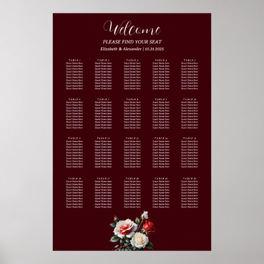 Dark Pretty pink white red roses seating chart ポスター (正面)