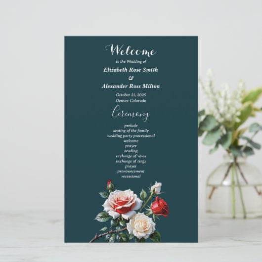 Dark Pretty pink white red roses wedding program (スタンド正面)