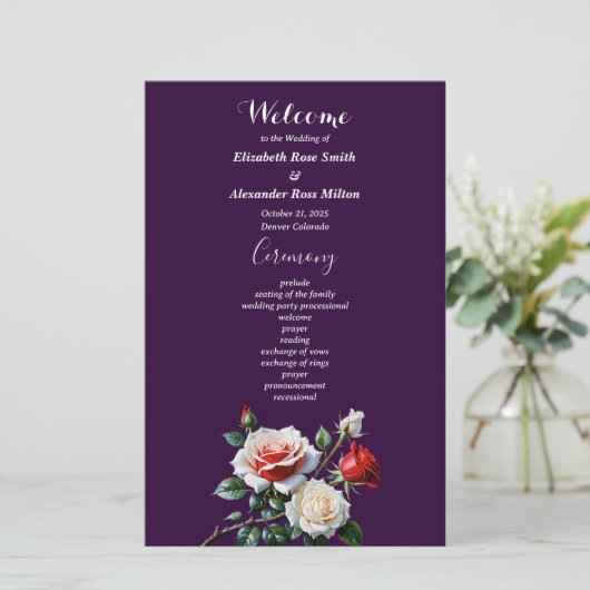 Dark Pretty pink white red roses wedding program (スタンド正面)