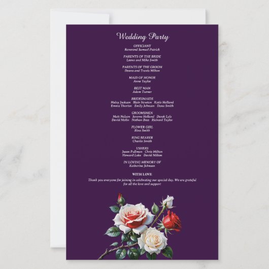 Dark Pretty pink white red roses wedding program (裏面)