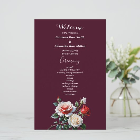 Dark Pretty pink white red roses wedding program (スタンド正面)