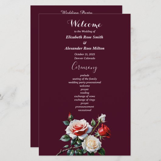 Dark Pretty pink white red roses wedding program (正面/裏面)