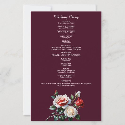 Dark Pretty pink white red roses wedding program (裏面)