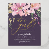 Dark Purple & 金ゴールド女の子フローラベビーシャワー 箔招待状ポストカード (正面)