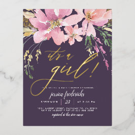 Dark Purple & 金ゴールド女の子フローラベビーシャワー 箔招待状ポストカード