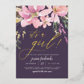 Dark Purple & 金ゴールド女の子フローラベビーシャワー 箔招待状 (正面)