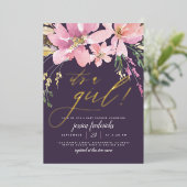 Dark Purple & 金ゴールド女の子フローラベビーシャワー 箔招待状 (立ち正面)