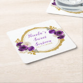 Dark Purple and Gold Elegant Flower Sweet Sixteen スクエアペーパーコースター (アングル)
