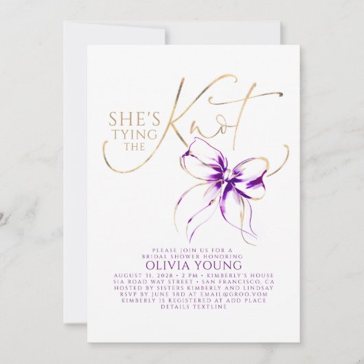 Dark Purple Bow She's Tying The Knot Bridal Shower 招待状 (正面)
